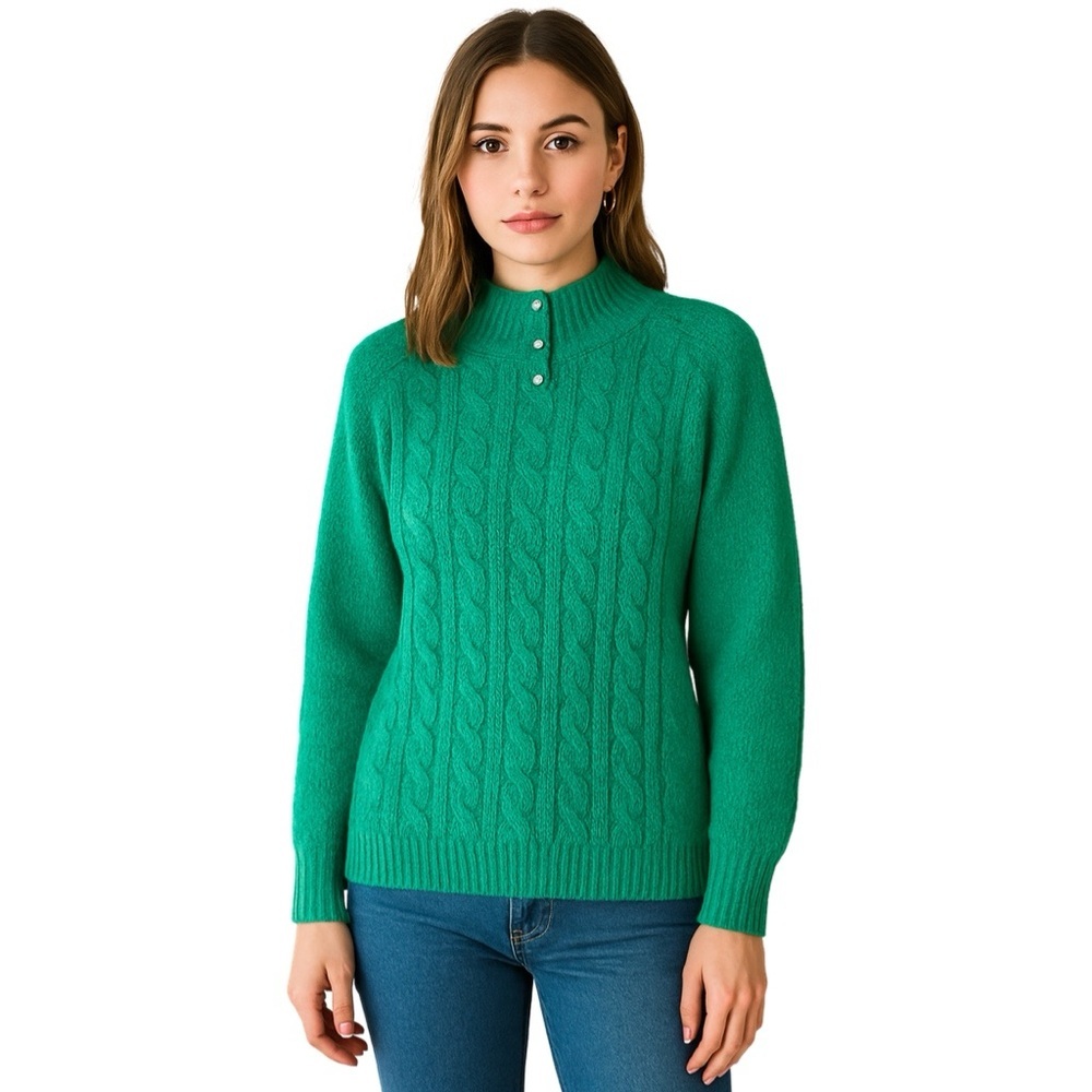 Vintage Cable Knit Sweater Faux Pearl Tall Collar Miranda Emerald Green Medium M - Picture 4 of 17